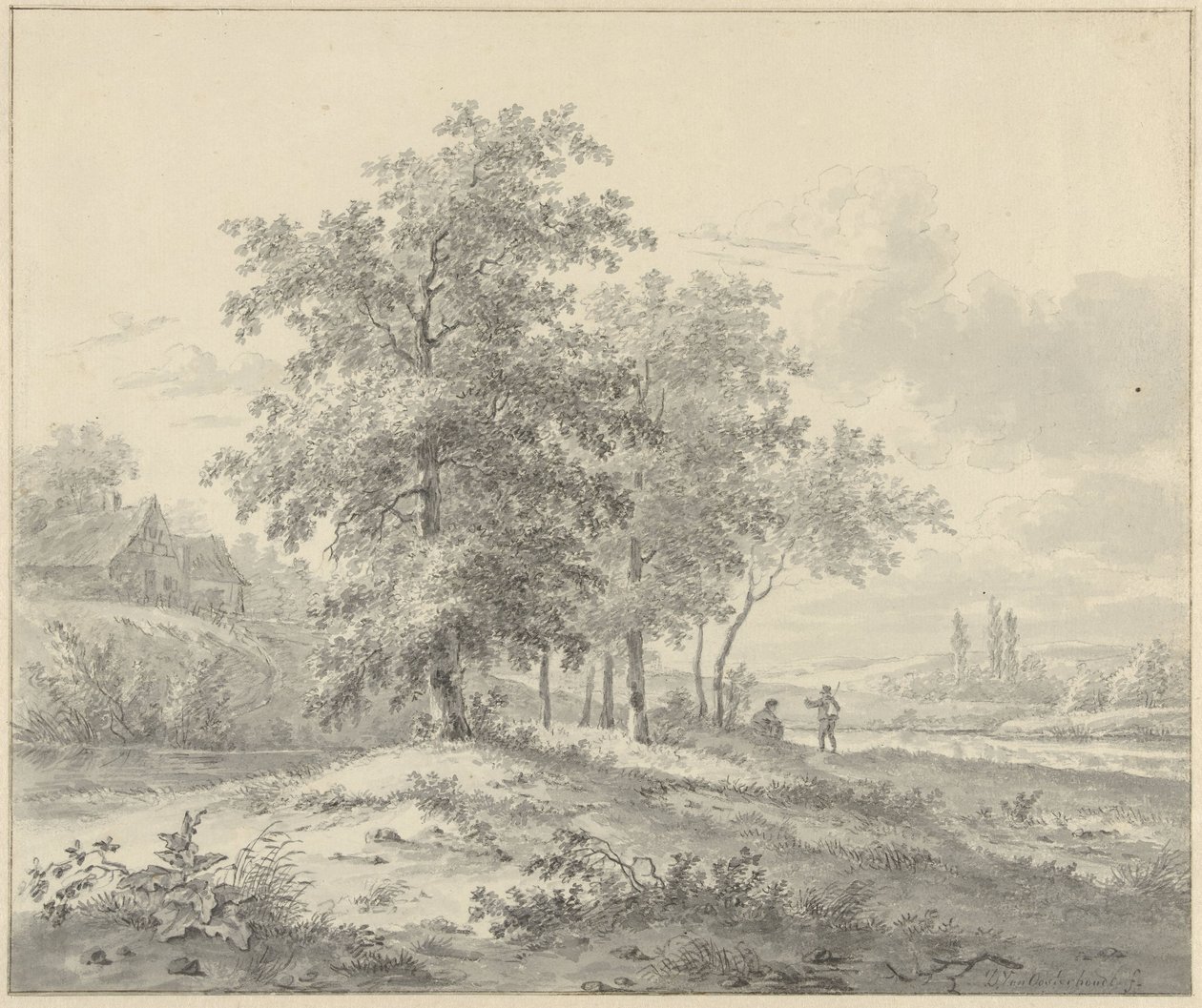 Landskap med två figurer under träd av Daniël van Oosterhoudt (possibly)