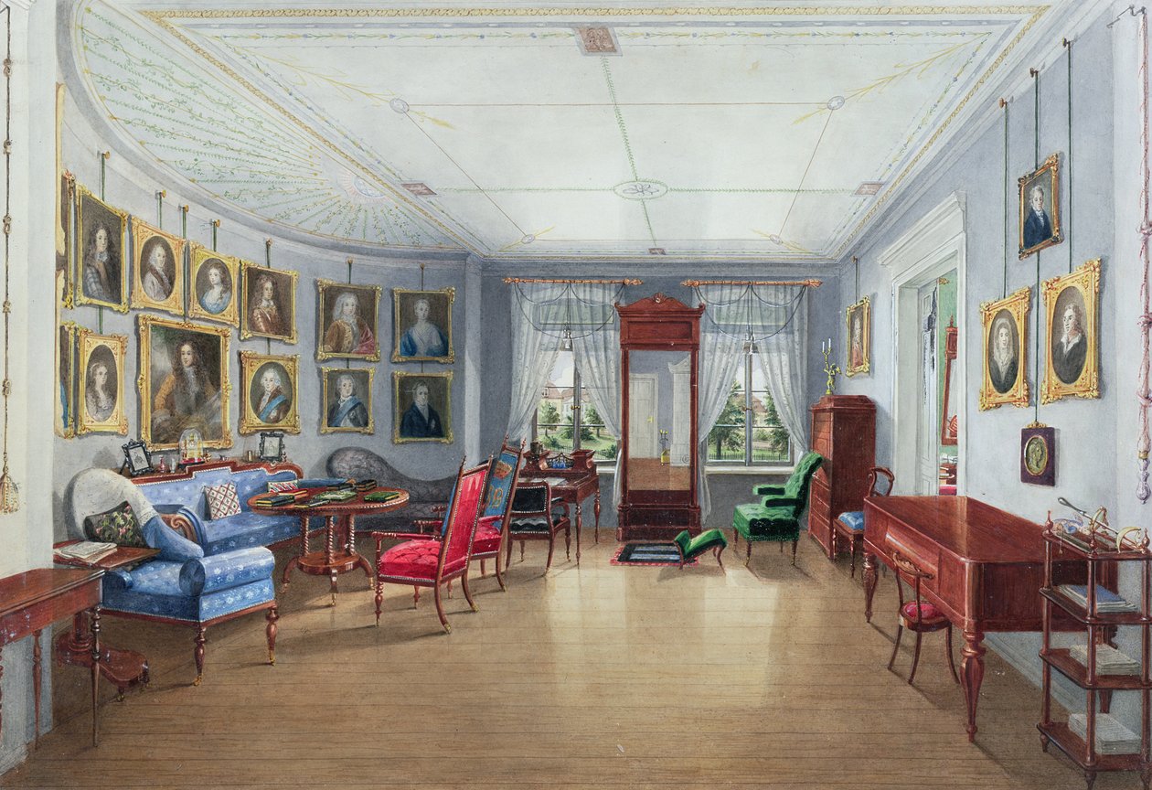 Salongen bildgalleri interiör, ca 1835 (wc med gouache på papper) av Danish School