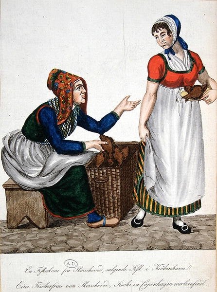 Fiskfru från Skovshoved som säljer fisk i Köpenhamn, tidigt 1800-tal (färg litho) av Danish School