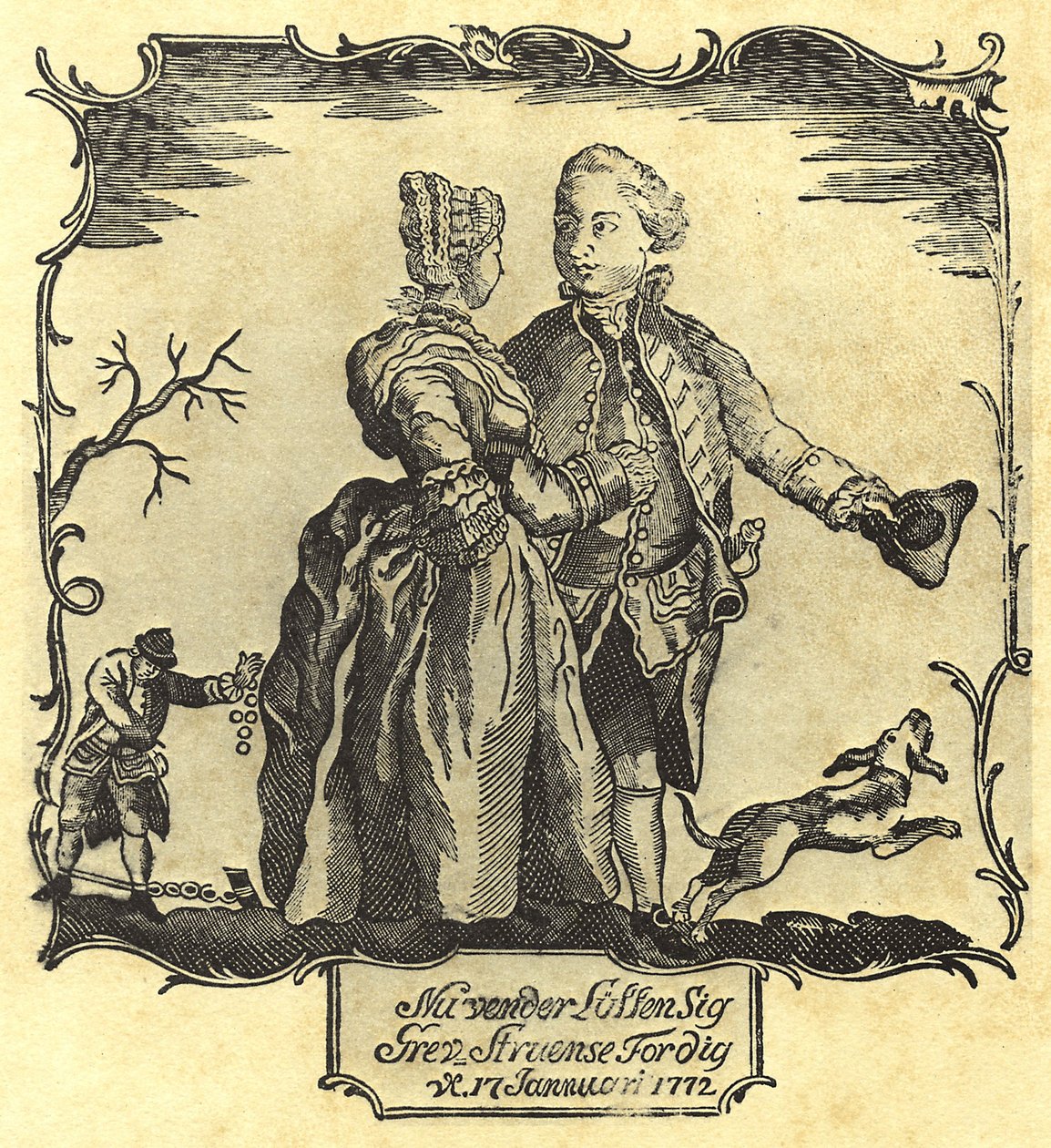 Turen vänder mot dig, greve Struensee! 1772 (träsnitt) av Danish School