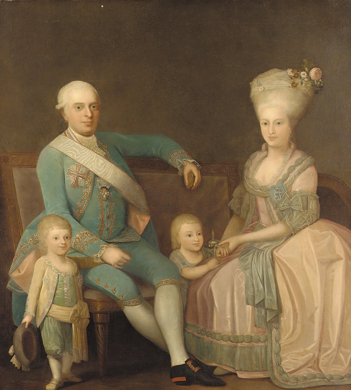 Porträtt av en familjegrupp, som tros vara Engel Ernst von Schack, hans fru Mette Pauline von Schack, född Rosenorn, och deras barn av Danish School