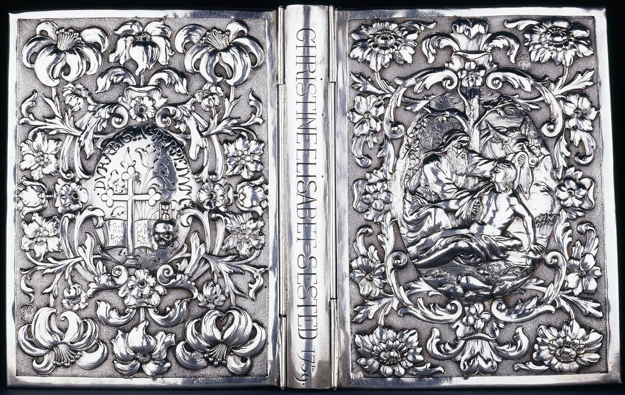 Övre och nedre bokomslag med bladverk och en bild av den barmhärtige samariten, 1740 av Danish School