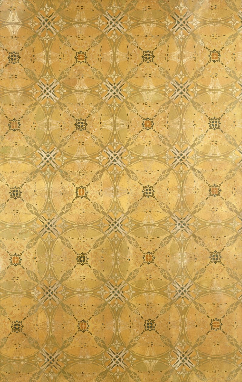 En takpanel, med återkommande abstrakt bladdesign i olivgrönt, ockra, rött och gult, ca 1893 av Dankmar Adler