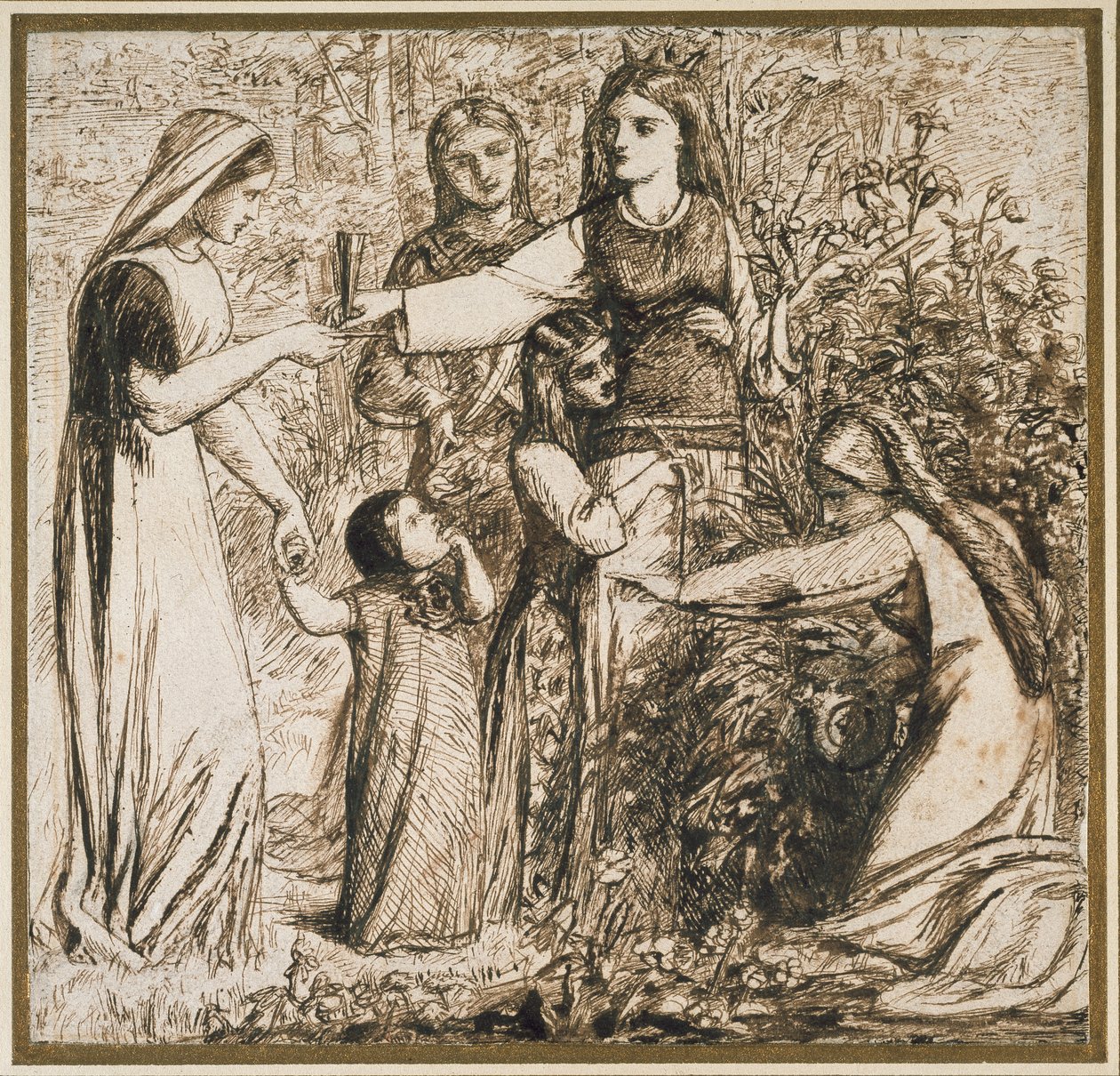 Dantes vision om Matilda som samlar blommor, 1855 (penna och brunt bläck på benvitt papper) av Dante Gabriel Charles Rossetti