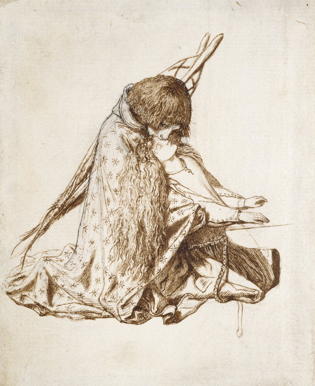 St Cecilia (penna och brunt bläck på missfärgat vitt papper) av Dante Gabriel Charles Rossetti