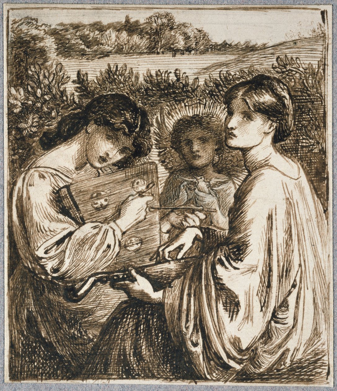 Studie till "The Bower Meadow", 1800-talet (penna och brunt bläck på papper) av Dante Gabriel Charles Rossetti