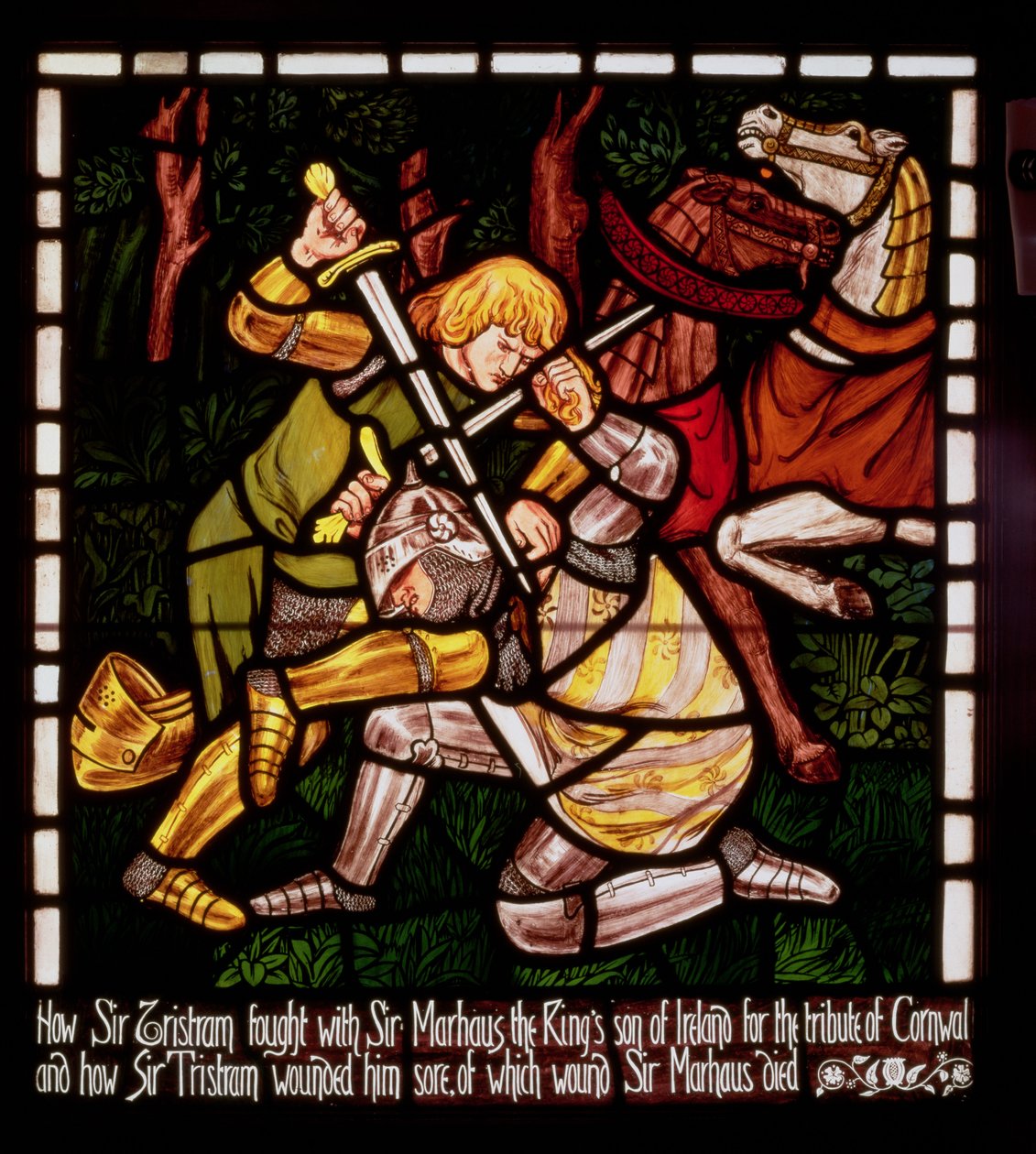 Kampen med Sir Marhalt, från "Berättelsen om Tristan och Isolde", William Morris und Co. (målat glas) av Dante Gabriel Charles Rossetti