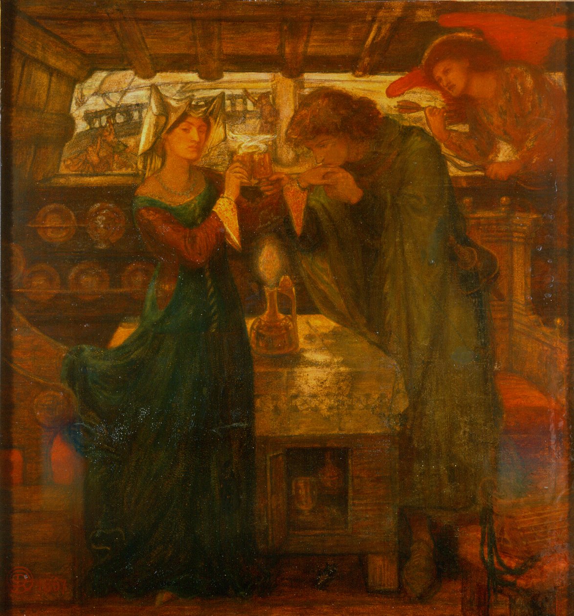 Tristram och Isolde dricker kärleksdrycken, 1867 (blandade media) av Dante Gabriel Charles Rossetti