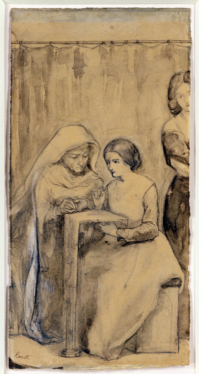 Studie för The Girlhood of Virgin Mary (penna och bläck och penna med tvätt på papper) av Dante Gabriel Charles Rossetti