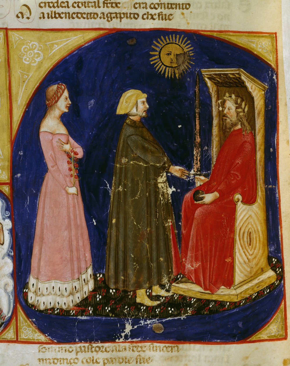 Dante och Beatrice möter Justinianus, scen från Paradise, Canto VI, från Den gudomliga komedin av Dante Alighieri (1265-1321), Veneto-miniatyr, Italien av Dante Alighieri