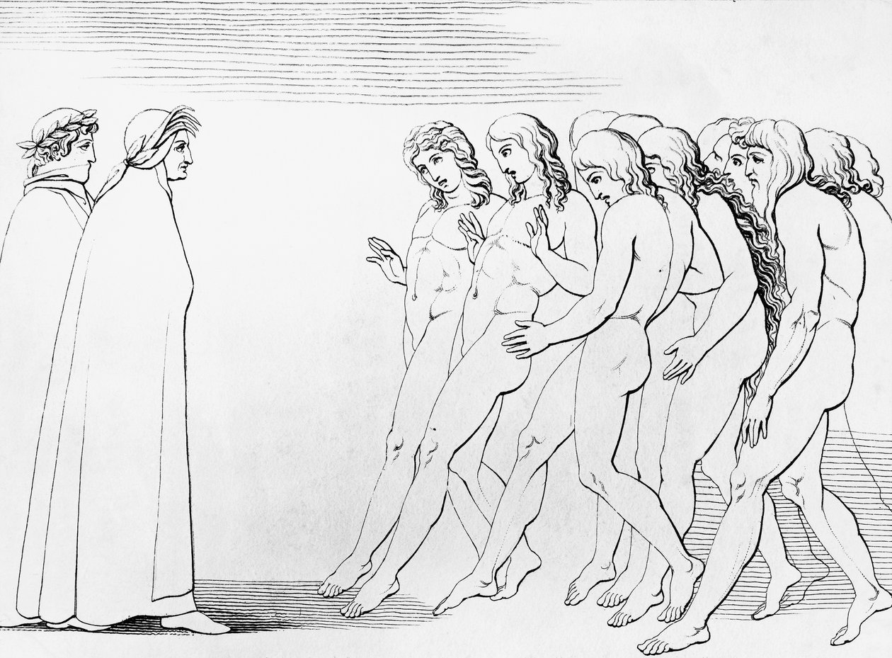 Själar skräms när de ser att Dante lever, illustration till 3:e kanton i Skärselden, Den gudomliga komedin, allegorisk dikt av Dante Alighieri (1265-1321) av Dante Alighieri
