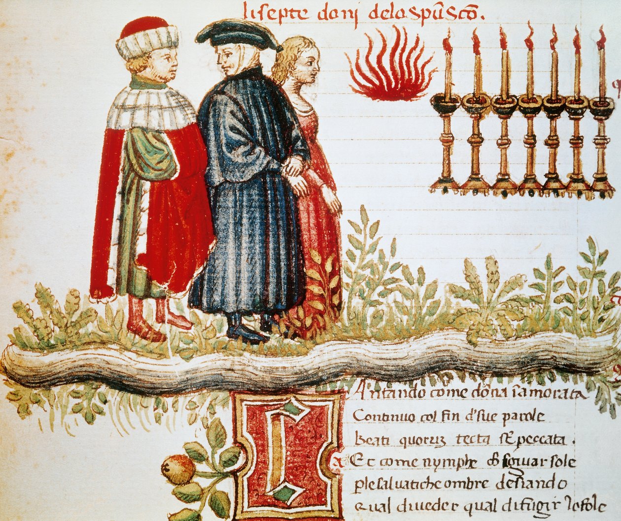 Virgil, Dante och Matelda, skärselden, Canto XXIX, upplyst sida från Divine Comedy, av Dante Alighieri (1265-1321) av Dante Alighieri