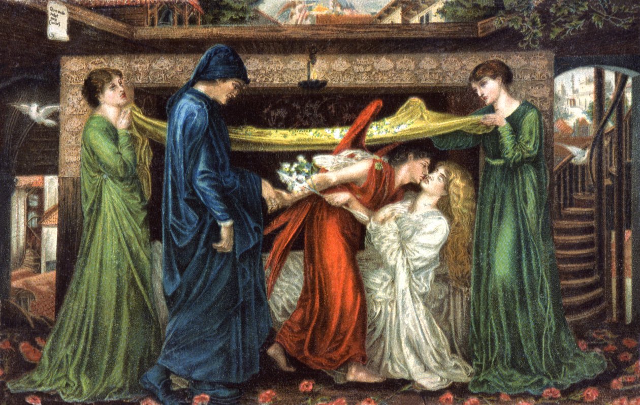 Dante Alighieri möter Beatrice, ca 1900 (vykort) av Dante Gabriel (after) Rossetti