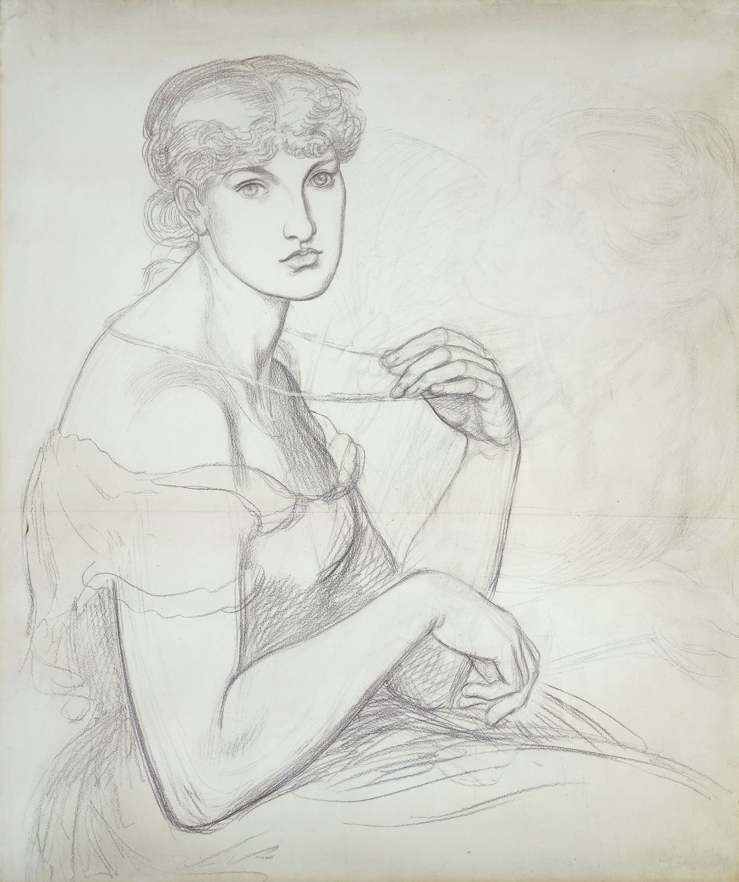 En sittande kvinna som håller ett halsband, till höger en annan kvinnlig figur, av Dante Gabriel Charles Rossetti