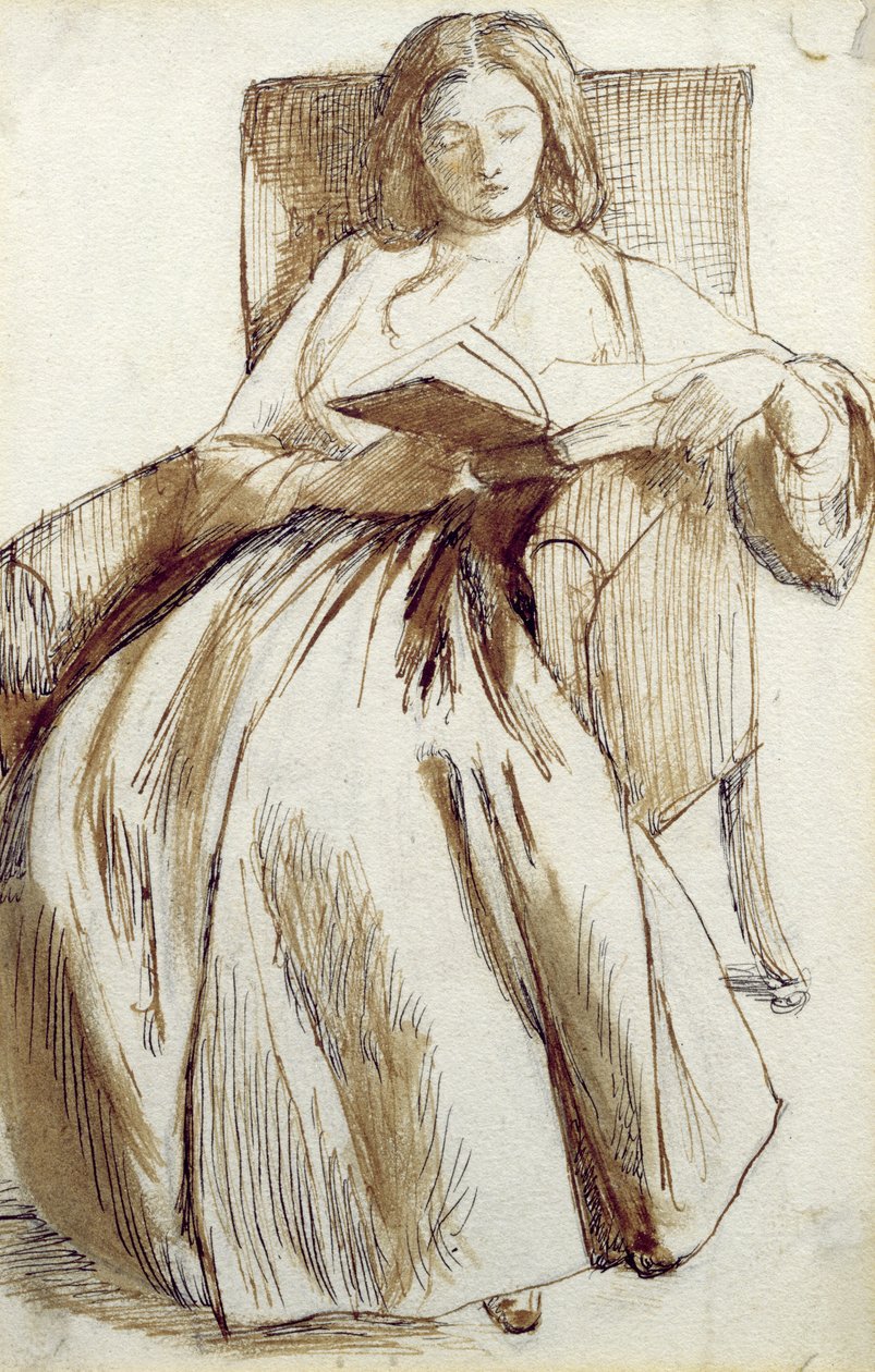 Elizabeth Siddal Läser en bok (penna & bläck och tvätt) av Dante Gabriel Charles Rossetti