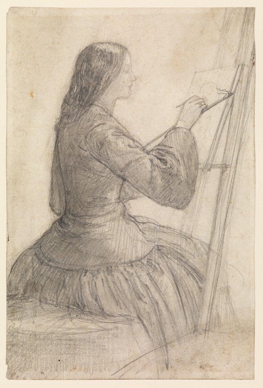 Elizabeth Siddal sittande vid ett staffli, målning, 1854-55 ca av Dante Gabriel Charles Rossetti