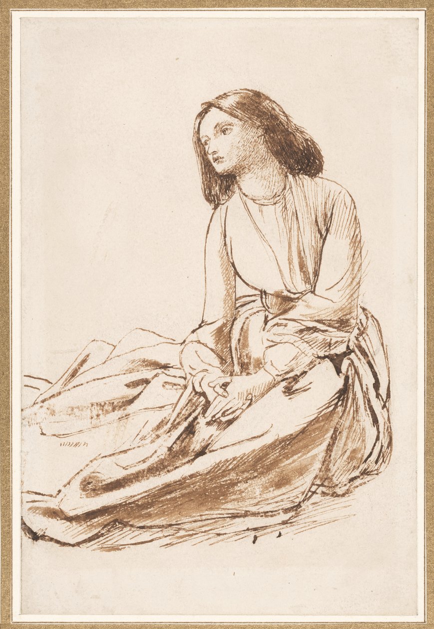 Elizabeth Siddal, sittande på marken (penna, sepia och tvätt på papper) av Dante Gabriel Charles Rossetti