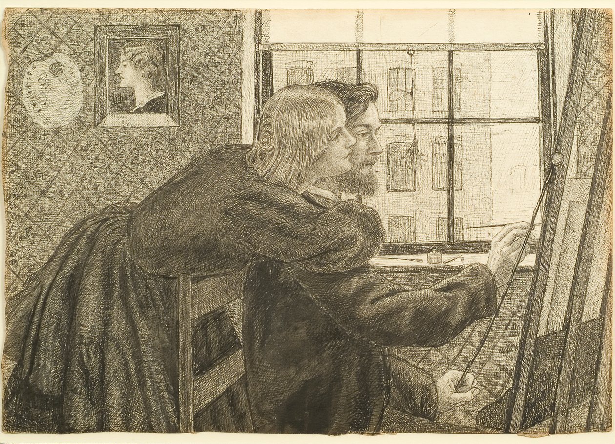G P Boyce med Fanny Cornforth i Rossettis Studio, Chatham Place, ca 1858 (bläck på papper) av Dante Gabriel Charles Rossetti