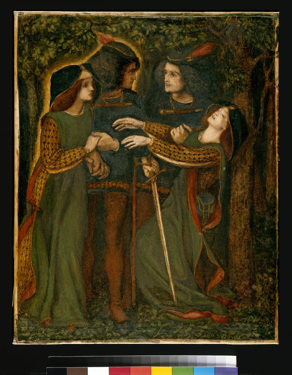 How They Met Themselves, c.185060 (gouache) (se även 63160) av Dante Gabriel Charles Rossetti