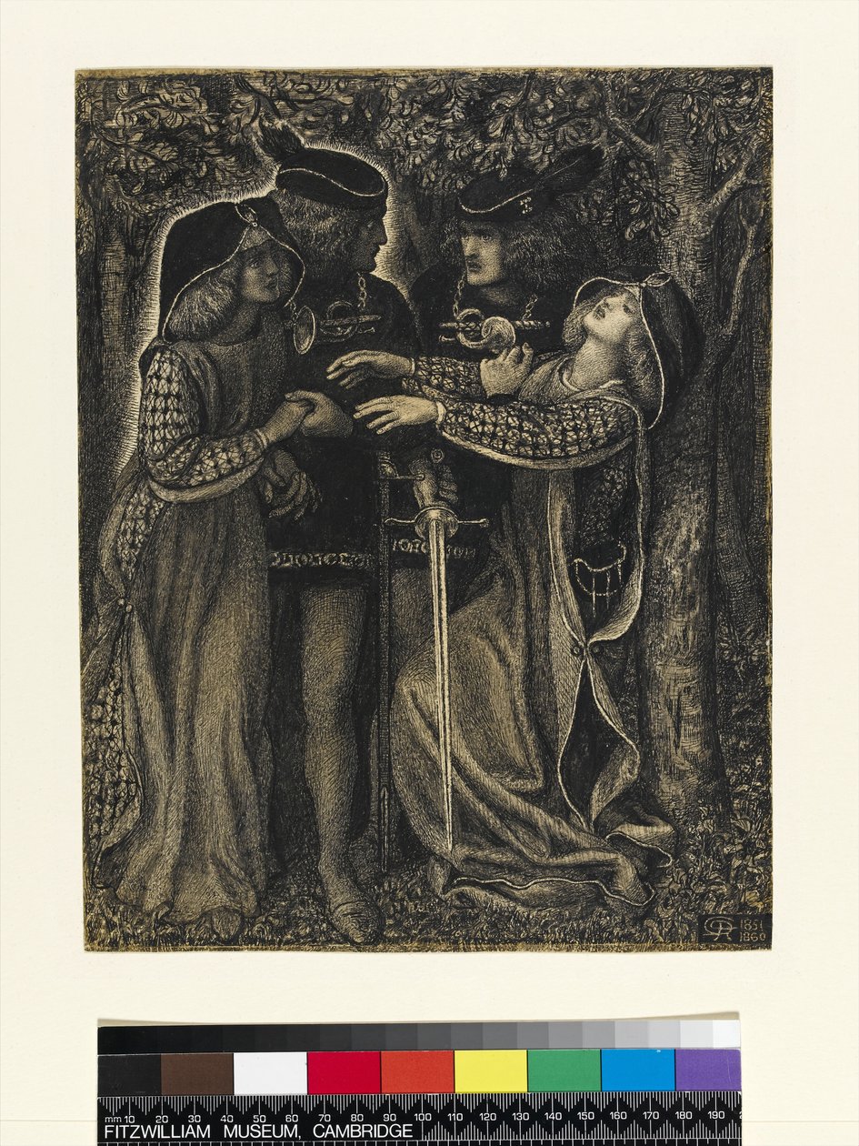 Hur de träffade sig själva, ca 185060 (penna och tusch) (se även 63161) av Dante Gabriel Charles Rossetti