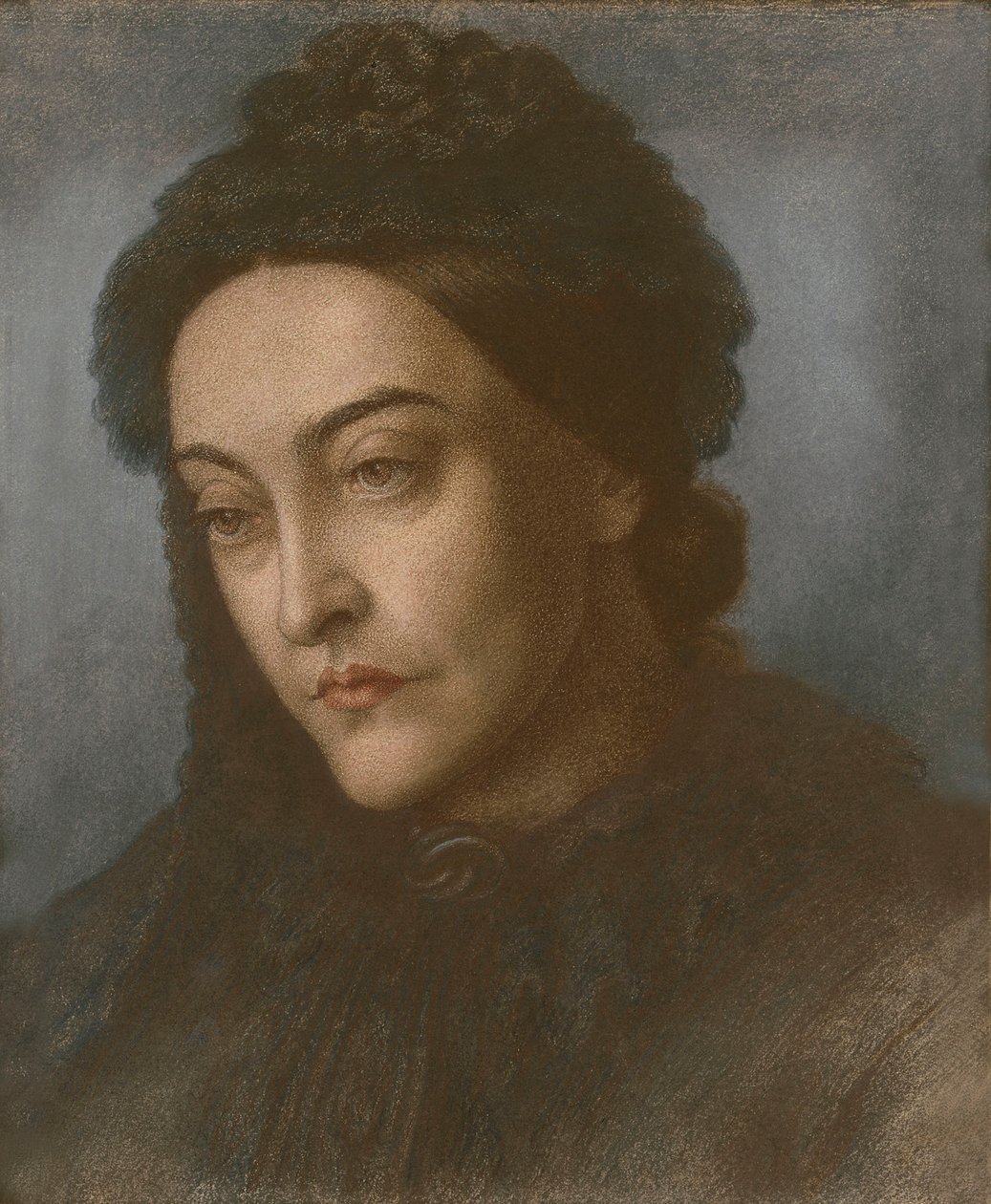 Porträtt av Christina Rossetti, huvud och axlar, vände tre fjärdedelar åt vänster, 1877 av Dante Gabriel Charles Rossetti