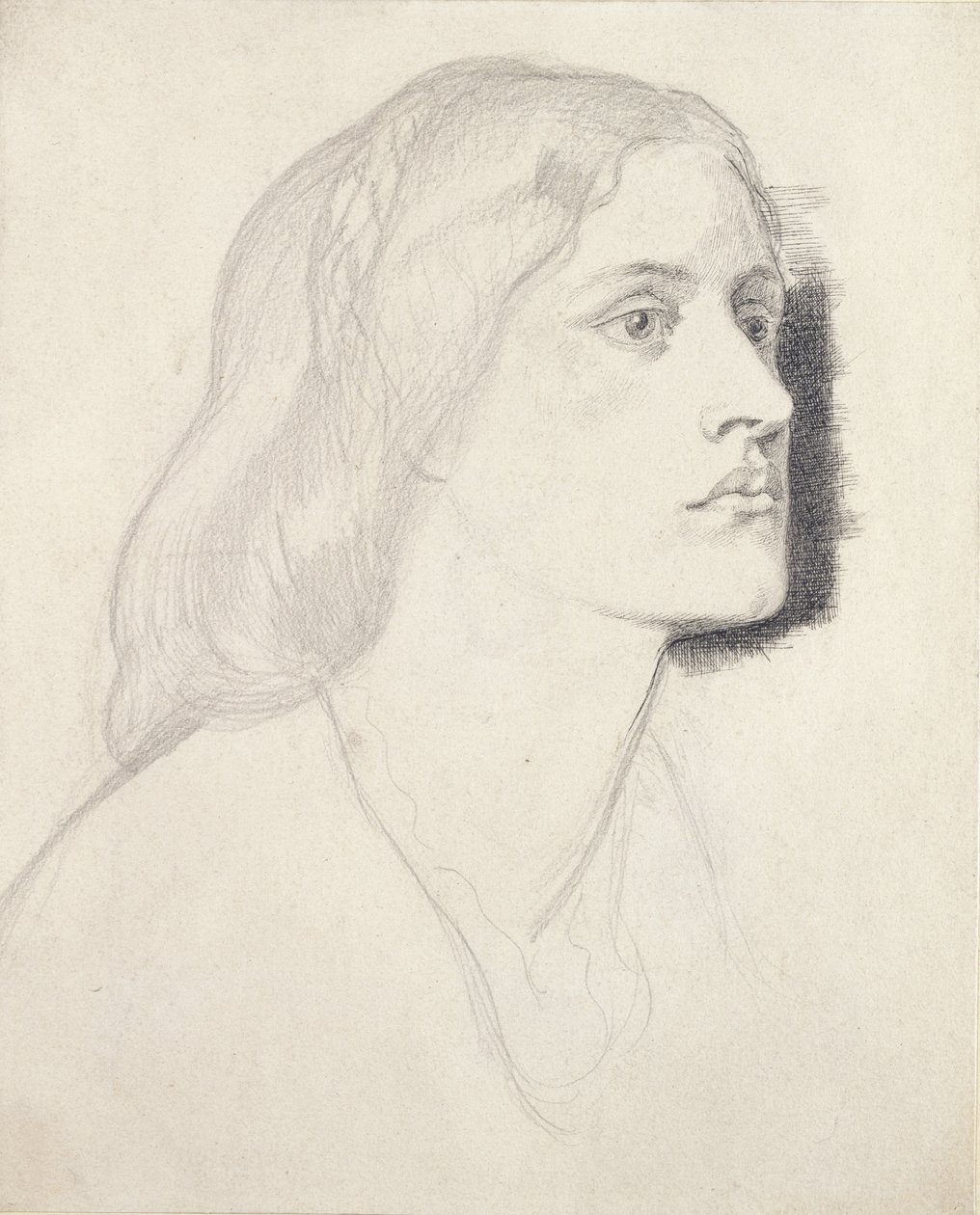 Porträtt av fröken Ruth Herbert, troligen 1858 (grafit med penna och svart bläck på vitt papper) av Dante Gabriel Charles Rossetti
