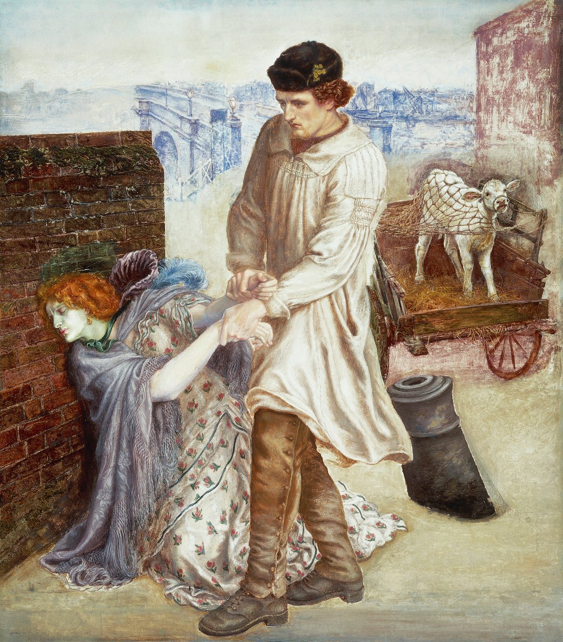 "Återupptäckt" En bonde som kom till stan för att sälja sin kalv försöker fostra upp en sjuk ung prostituerad med kadaverisk hy 1865-1869 (målning) av Dante Gabriel Charles Rossetti