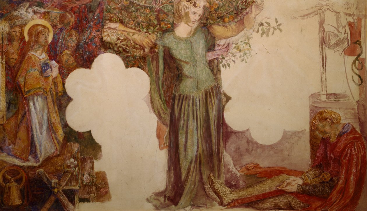 Sir Lancelot hindras på grund av sin synd från att gå in i den heliga Graalens kapell. av Dante Gabriel Charles Rossetti