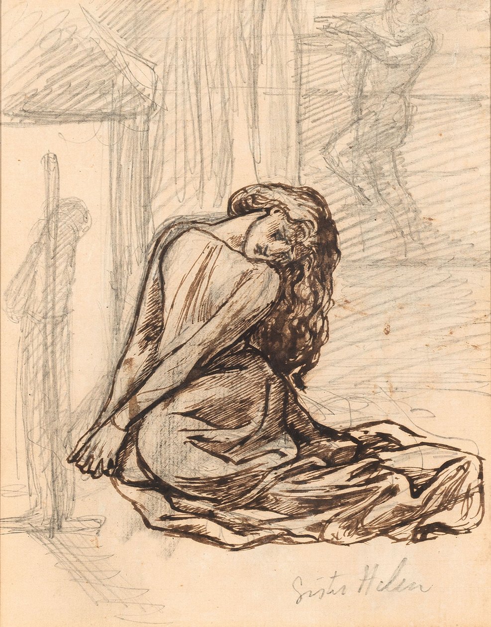 Syster Helen, ca 1870 (grafit och brunt bläck på papper monterade ombord) av Dante Gabriel Charles Rossetti