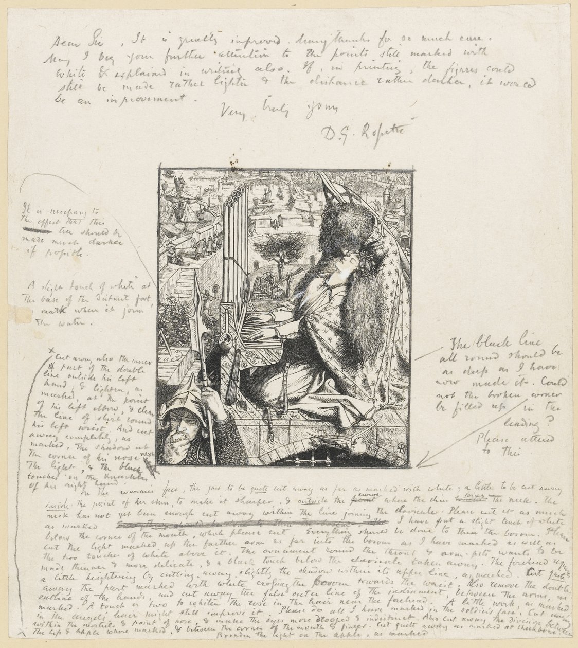 St Cecilia The Moxon Tennyson, c.1857 (trägravyr & penna på papper) av Dante Gabriel Charles Rossetti