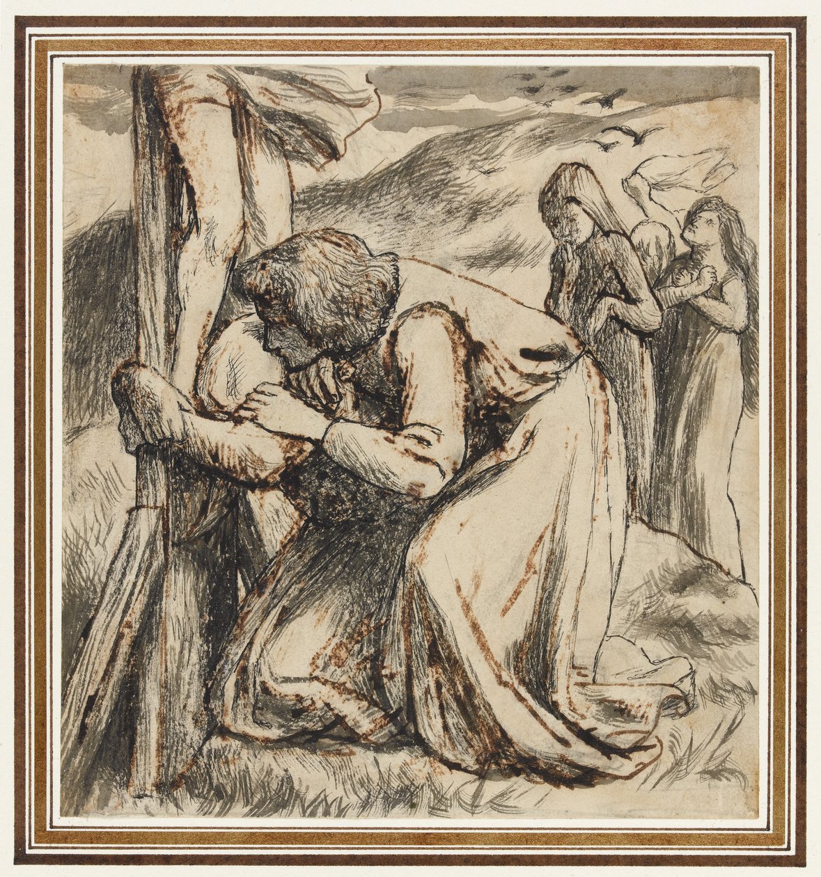 Johannes tröstar jungfrun vid korsets fot, ca 1857-58 (penna, tusch och sepiatvätt på papper) av Dante Gabriel Charles Rossetti