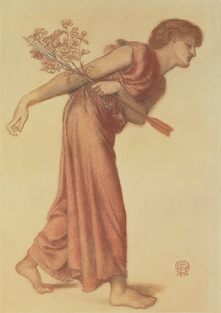 Studie för kärleksfiguren i Dantes dröm vid Beatrices död, 1874 (svart och röd krita på grönt papper) av Dante Gabriel Charles Rossetti