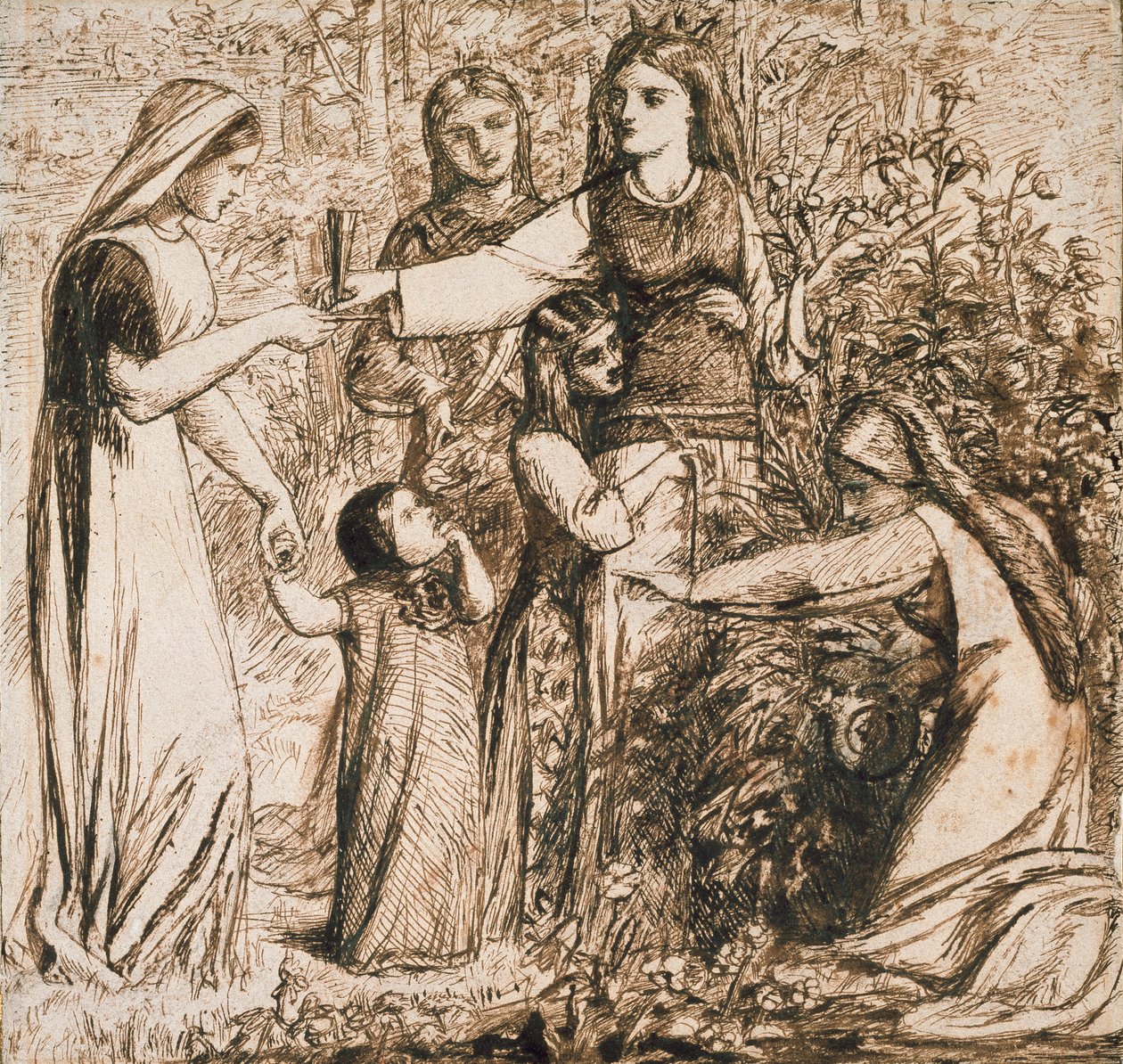 Dantes vision av Matilda som samlar blommor, c1855 av Dante Gabriel Rossetti