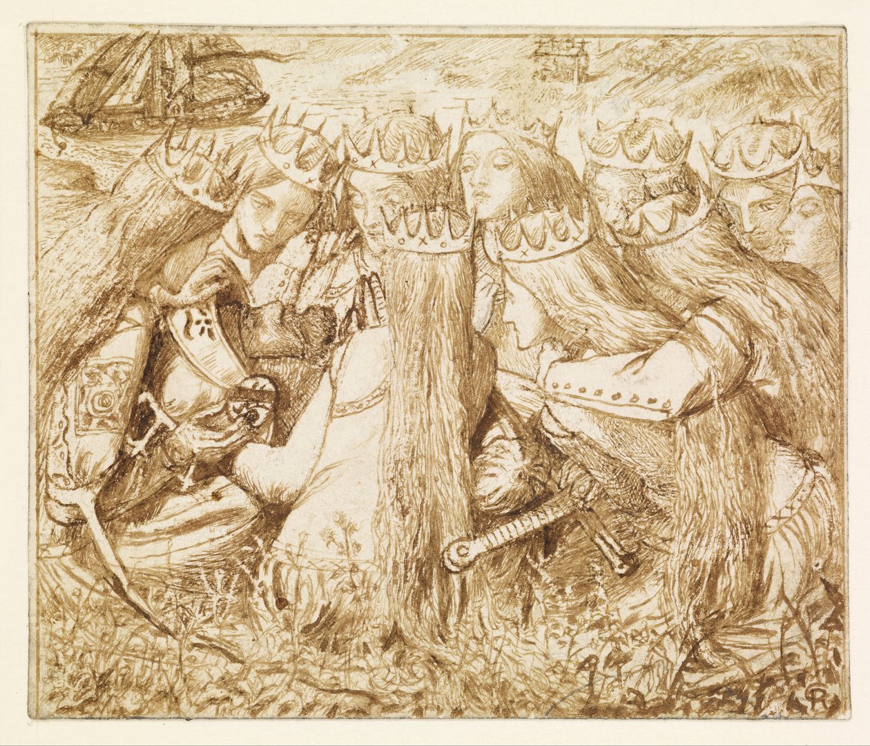 Design för Moxons Tennyson – Kung Arthur och de gråtande drottningarna av Dante Gabriel Rossetti