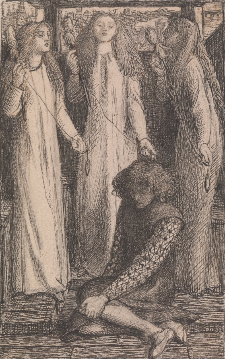 Illustration till pigor i Elfen-Mere av Dante Gabriel Rossetti