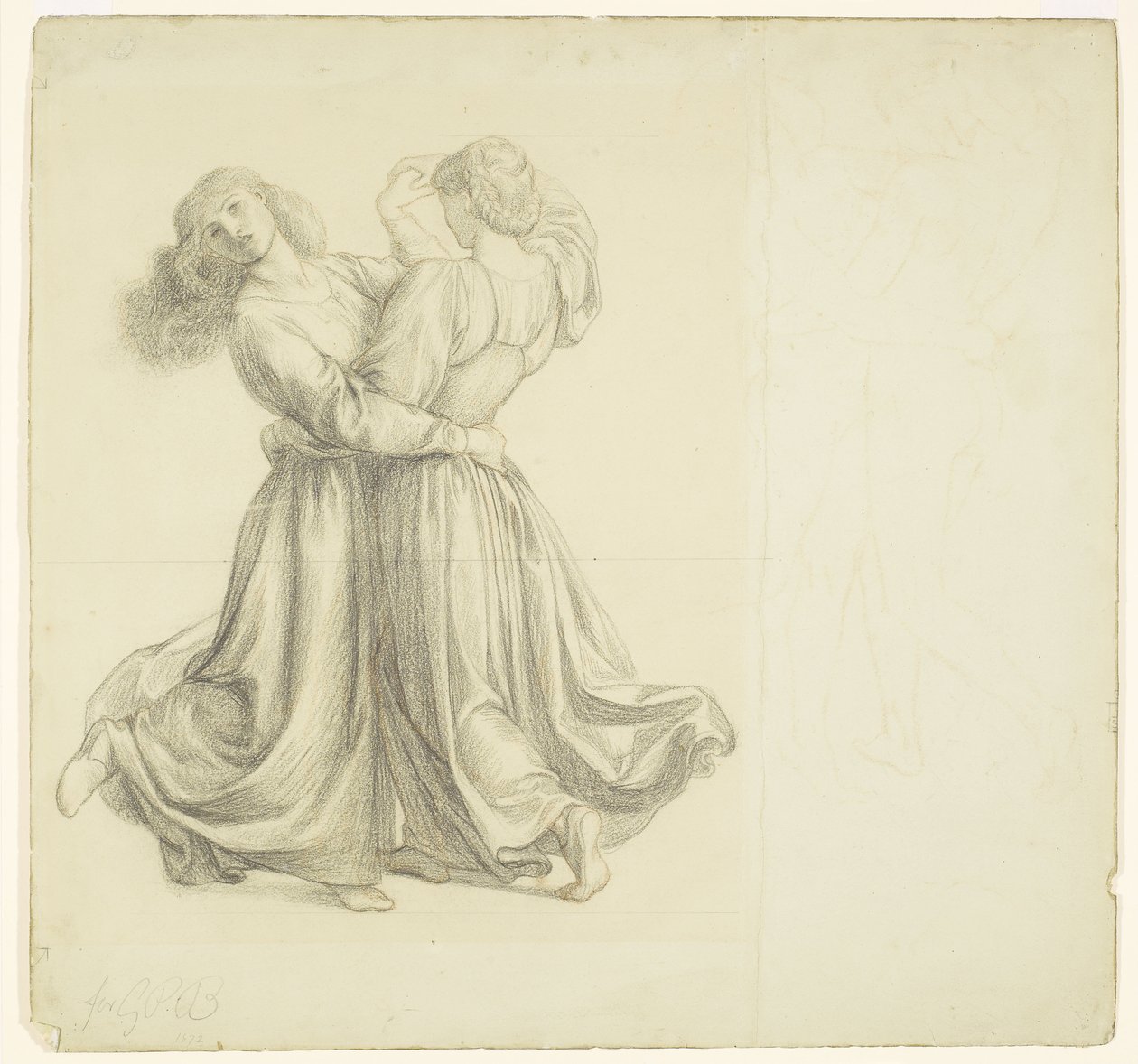 The Bower Meadow - Draperistudie för de två dansande flickorna av Dante Gabriel Rossetti