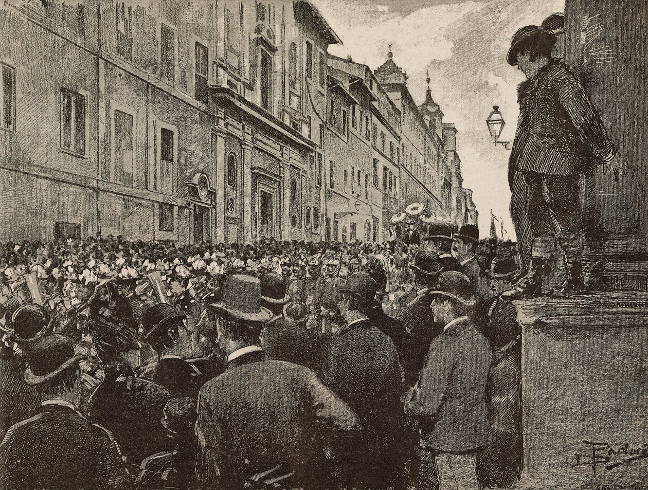 Agostino Bertanis (1812-1886) begravning, italiensk patriot och politiker, Rom, Italien, teckning av Dante Paolocci, gravyr från L