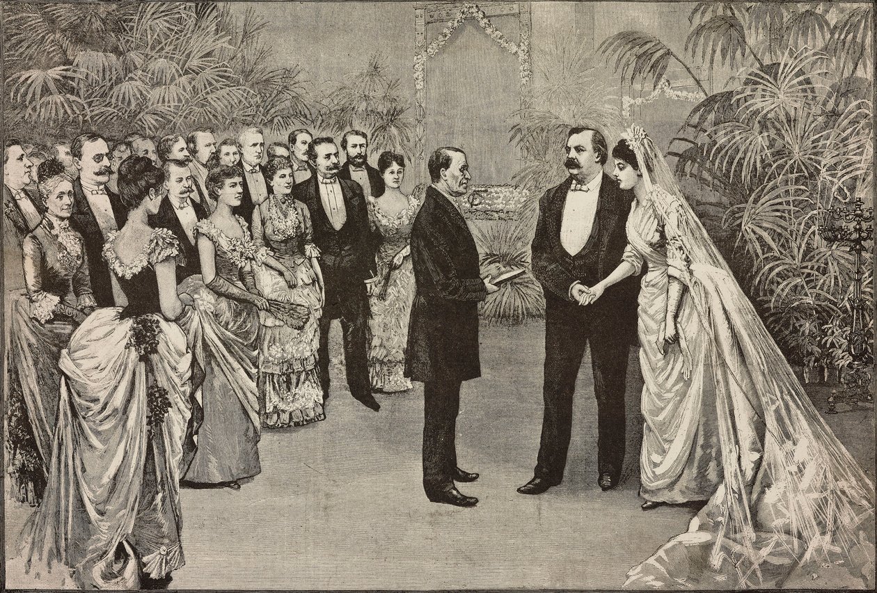 Amerikanska presidenten Grover Cleveland och Frances Folsoms bröllop, 2 juni, Washington, USA, teckning av Dante Paolocci, gravyr från L