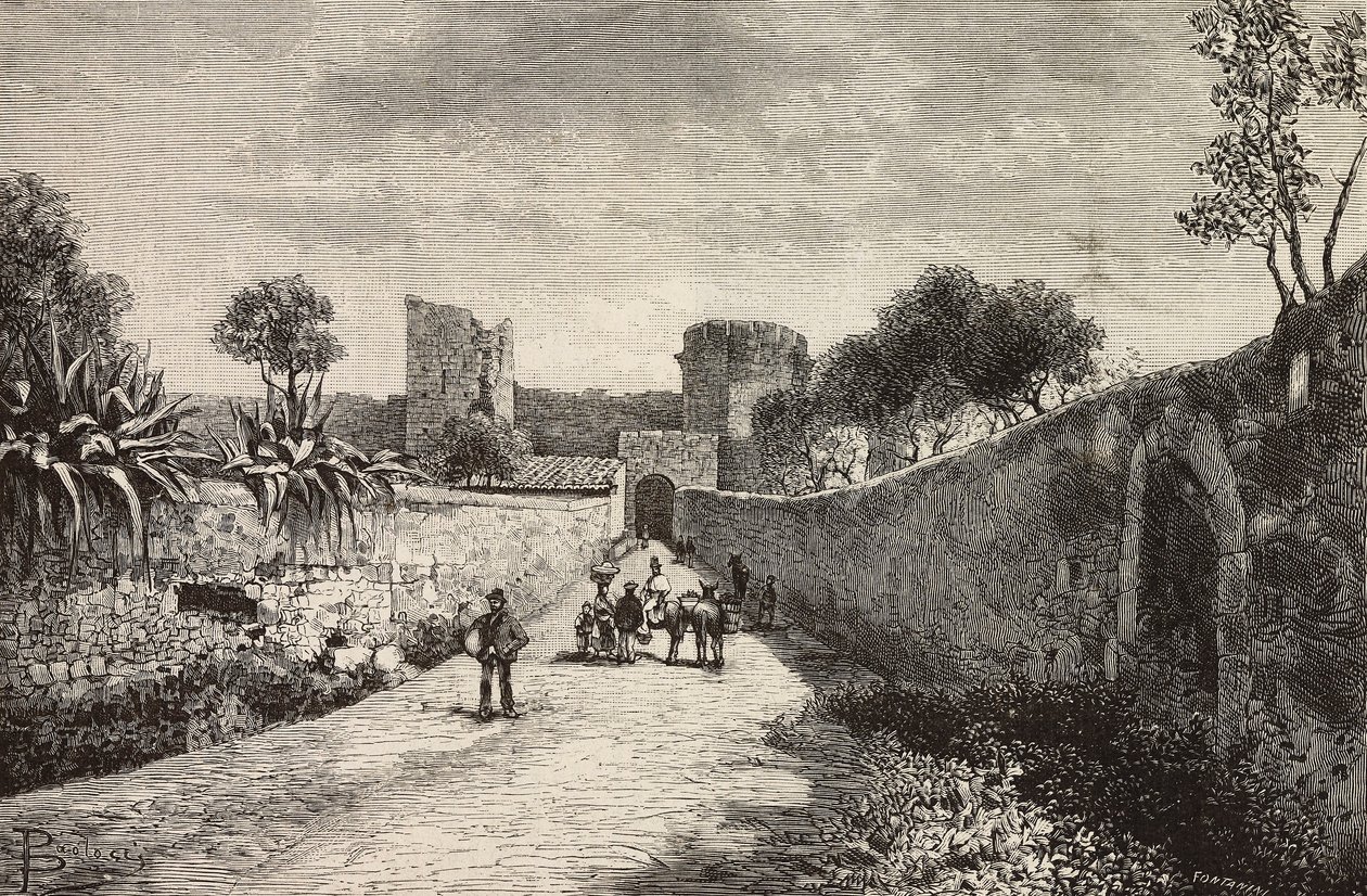 Castello-porten, Corneto Tarquinia, Italien, gravyr från teckning av Dante Paolocci, från L
