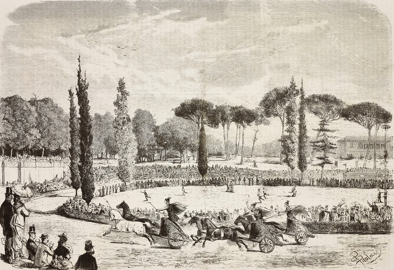 Vagntävlingar i Villa Borghese, Rom, Italien, gravyr från teckning av Dante Paolocci från L
