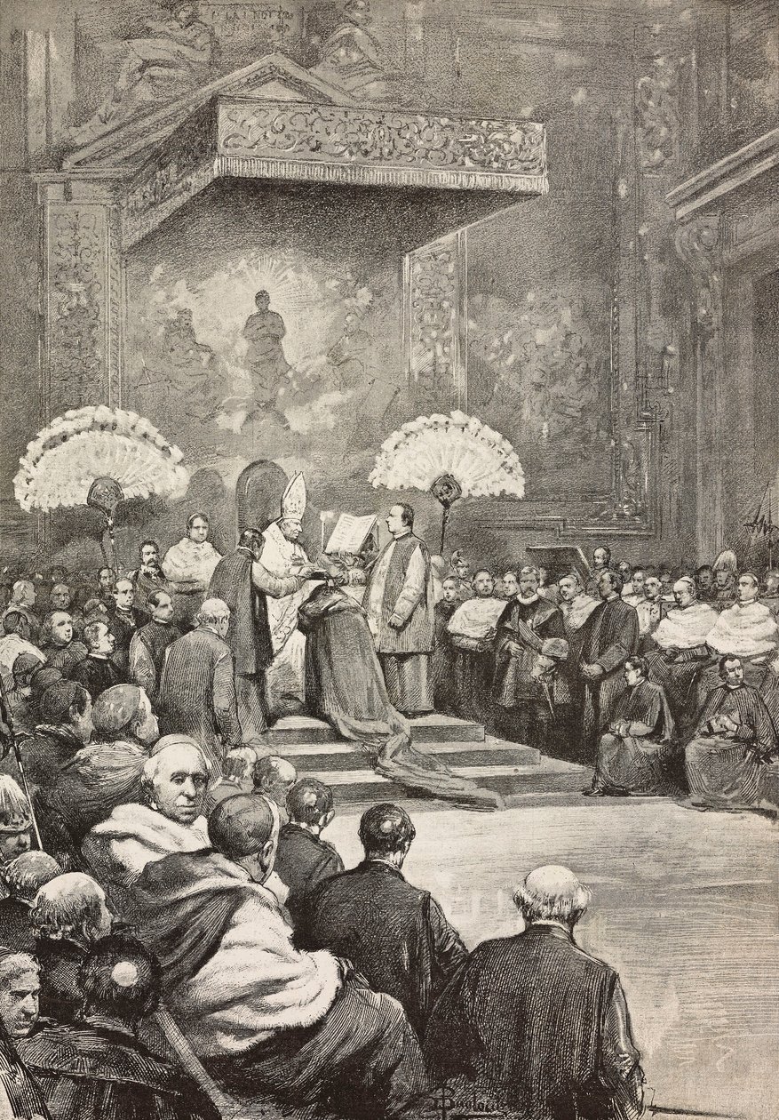 Konsistoriet den 13 november, påven Leo XIII där han skapade nya kardinaler, Vatikanen, gravyr från teckning av Dante Paolocci, från L