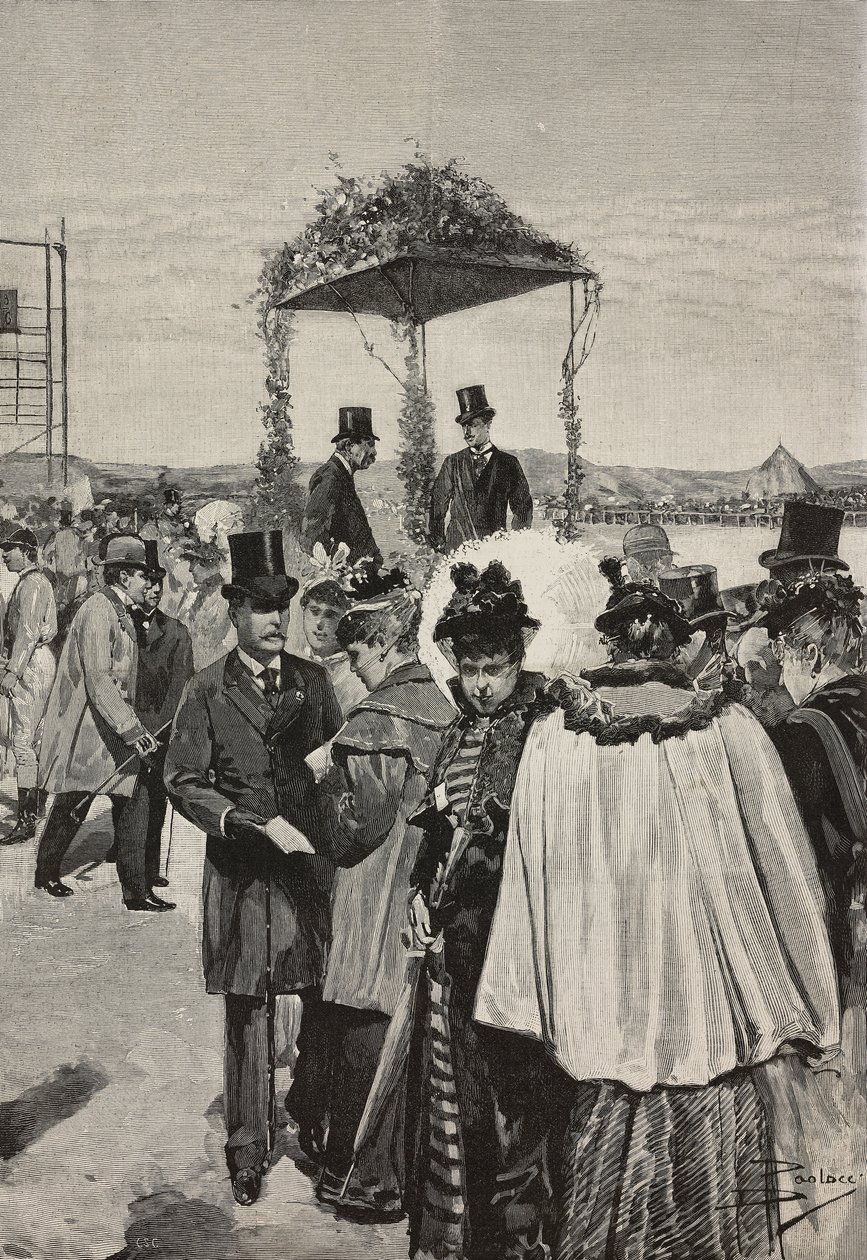 Greve av Turin Vittorio Emanuele av Savojen-Aosta vid Tor di Quinto-tävlingarna, Rom, Italien, gravyr efter teckning av Dante Paolocci, från L