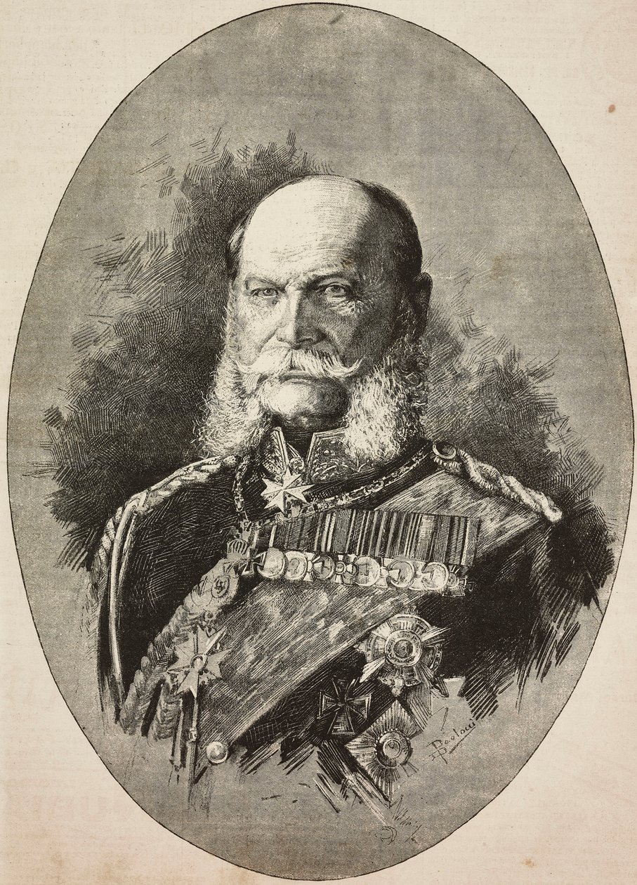Kejsar Vilhelm I av Tyskland (1797-1888) 1887, gravyr efter teckning av Dante Paolocci, från L
