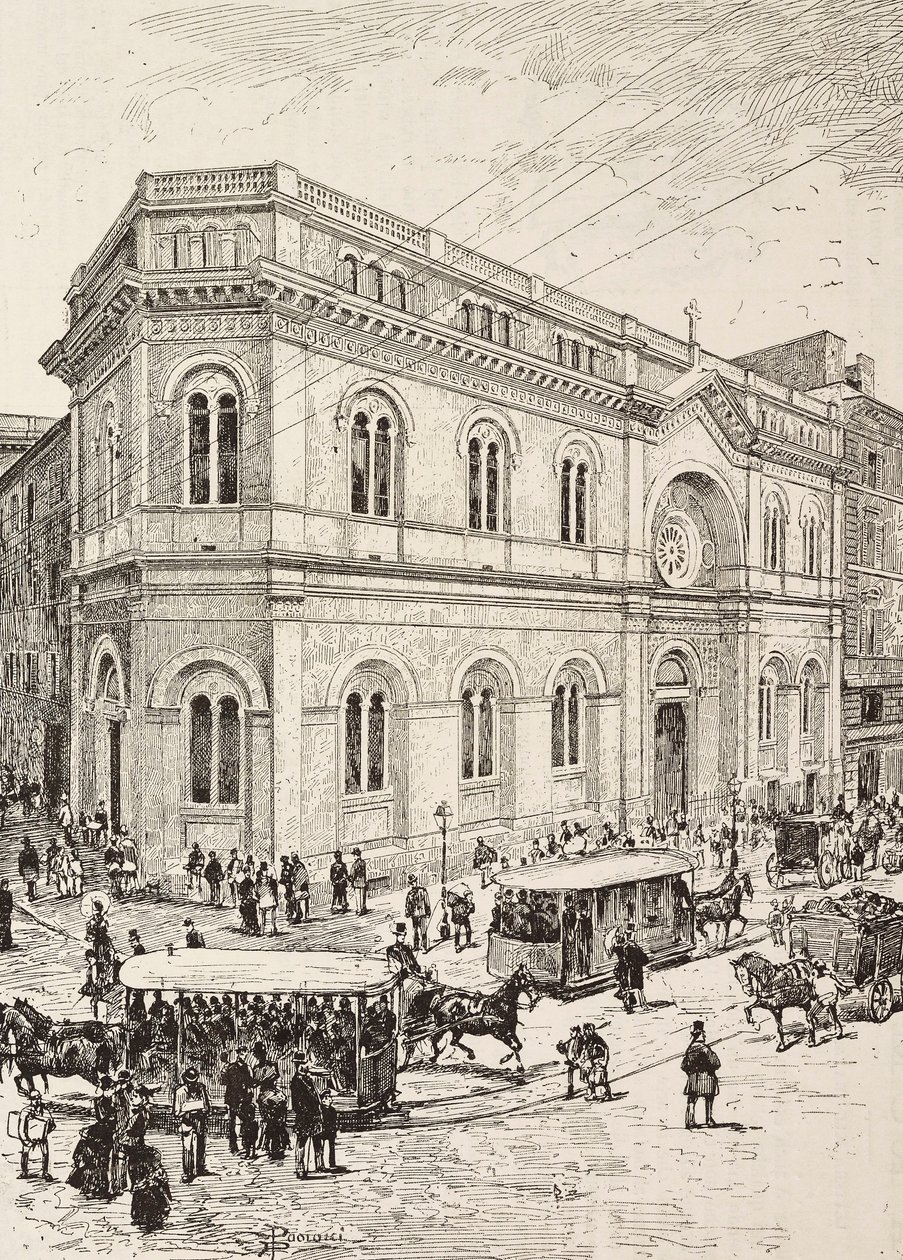Evangelisk kyrka på Via Nazionale, Rom, Italien, gravyr från teckning av Dante Paolocci, från L
