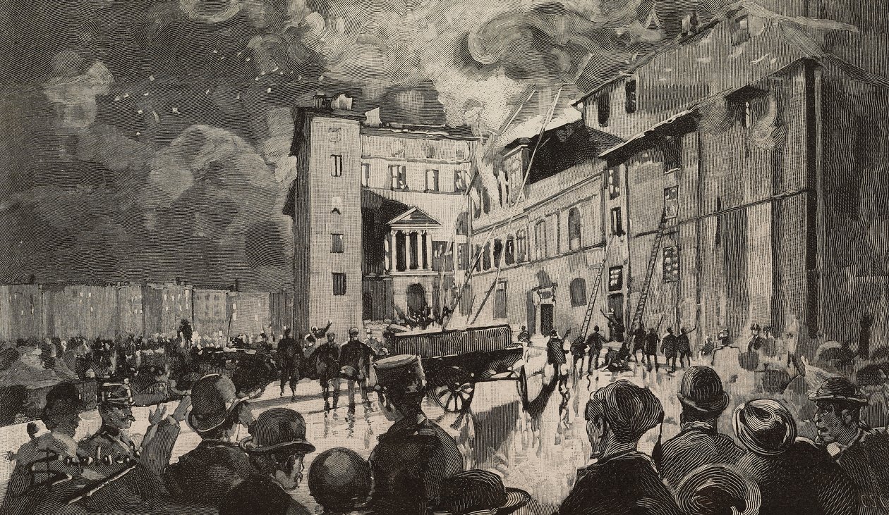 Eld av israeliska skolor 1893, Rom, Italien, gravyr efter teckning av Dante Paolocci, från L