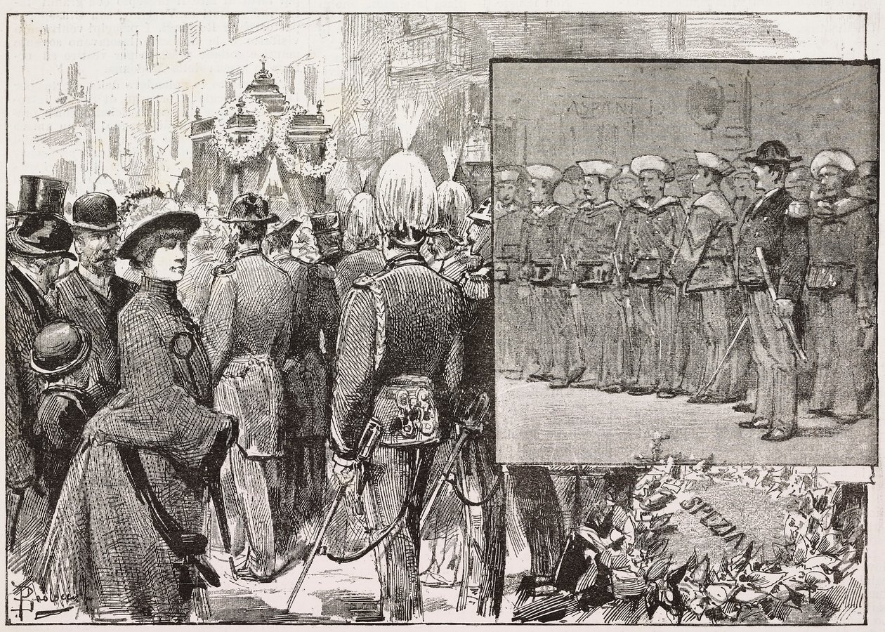 Begravning av amiral Luigi Buglione di Monale (1821-1884), Rom, Italien, gravyr från teckning av Dante Paolocci, från L