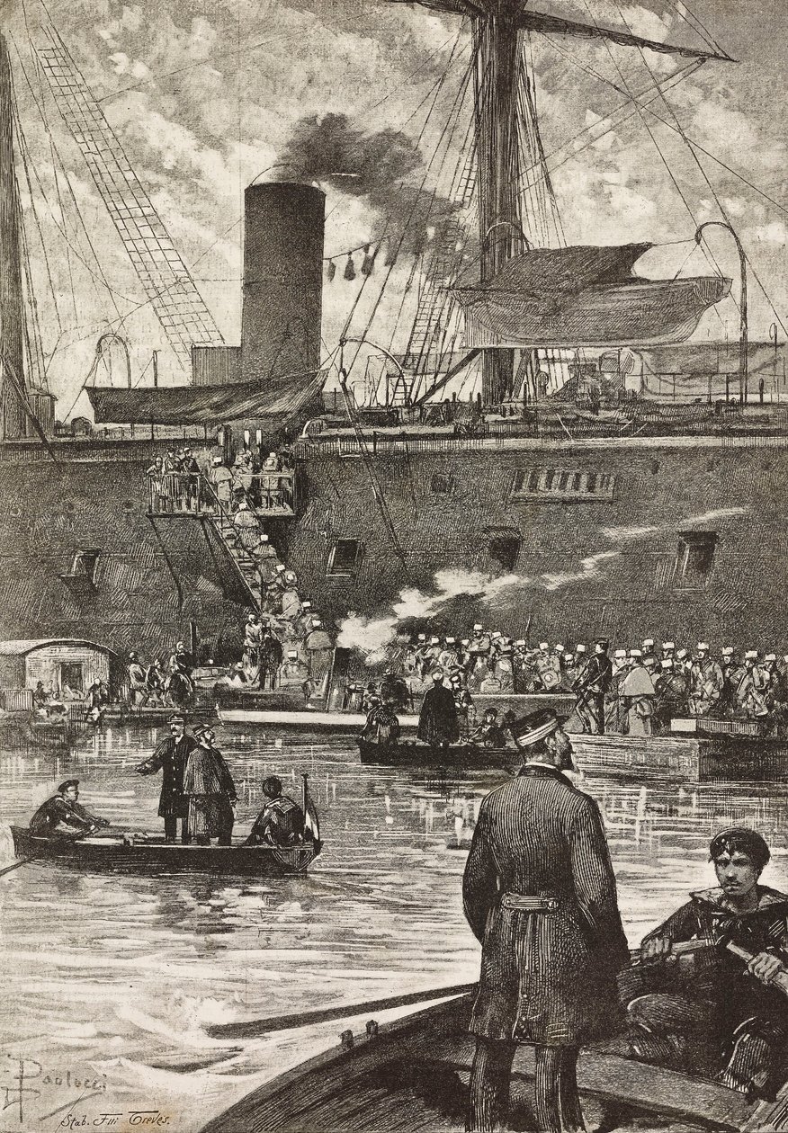 Italienska soldater ombord på slagskeppet Principe Amedeo, italiensk expedition i Röda havet, Neapel, Italien, gravyr efter ritning av Dante Paolocci, från L
