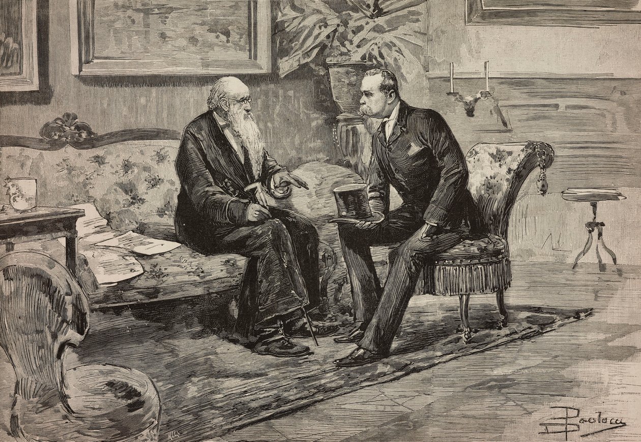 Kung Umberto I av Savojen (1844-1900) och rådspresident Agostino de Pretis (1813-1887), gravyr från teckning av Dante Paolocci, från L