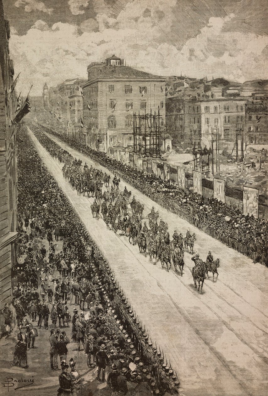 Kung återvänder till Quirinal efter invigningen av Dogali-monumentet, Rom, Italien, gravyr från teckning av Dante Paolocci, från L