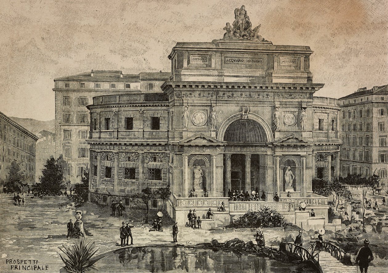 Stort akvarium på Piazza Manfredo Fanti öppnat den 29 januari, Rom, Italien, gravyr av G Gamberoni efter ritning av Dante Paolocci, från L